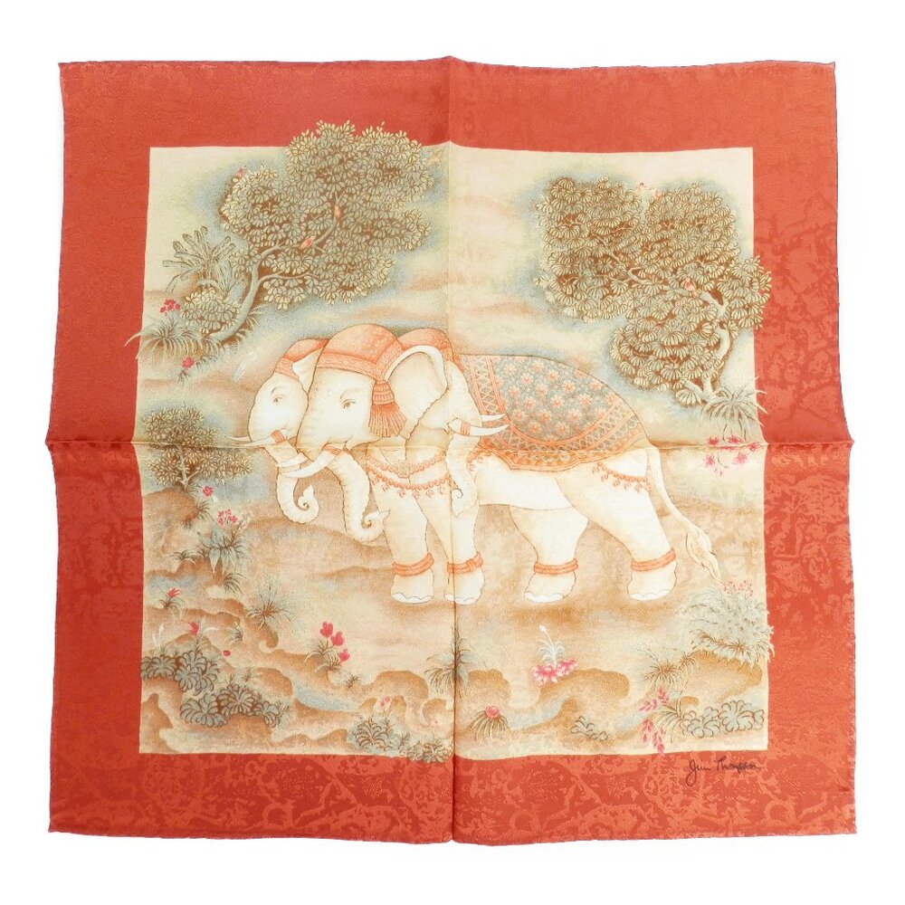 New Jim Thompson 100% Silk Scarf Thailand Elephant 18" Orange Hand Rolled Hem